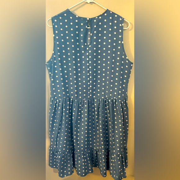 Pretty little polka dot dress in light blue model wearing camel Amazon purchase - Picture 3 of 7